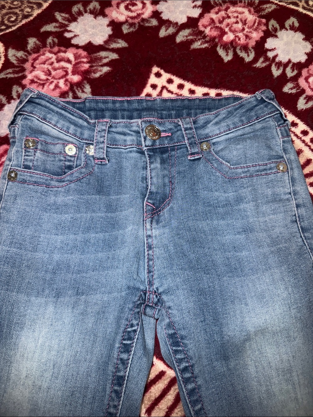 True Religion Women's Light Blue Skinny Jeans with Pink Stitching
